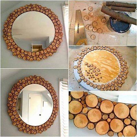 DIY mirror frame with wooden discs